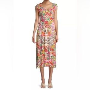 Johnny Was Multicolor Floral & Leopard Print Midi Dress